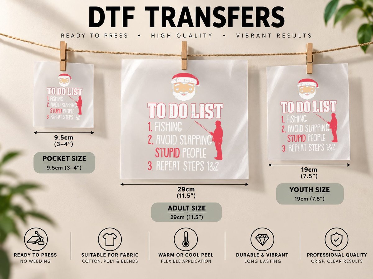 To Do List Fishing Christmas Pajama Funny Santa Fisherman DTF Transfer Iron On