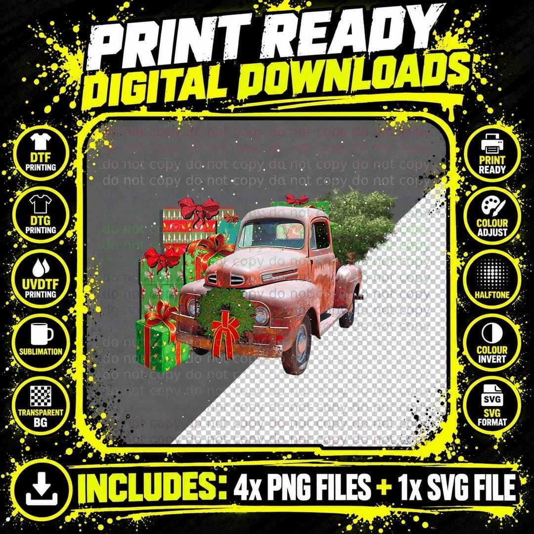 Truck, Xmas Trees and Presents Vintage Design Christmas Png SVG Digital Bundle