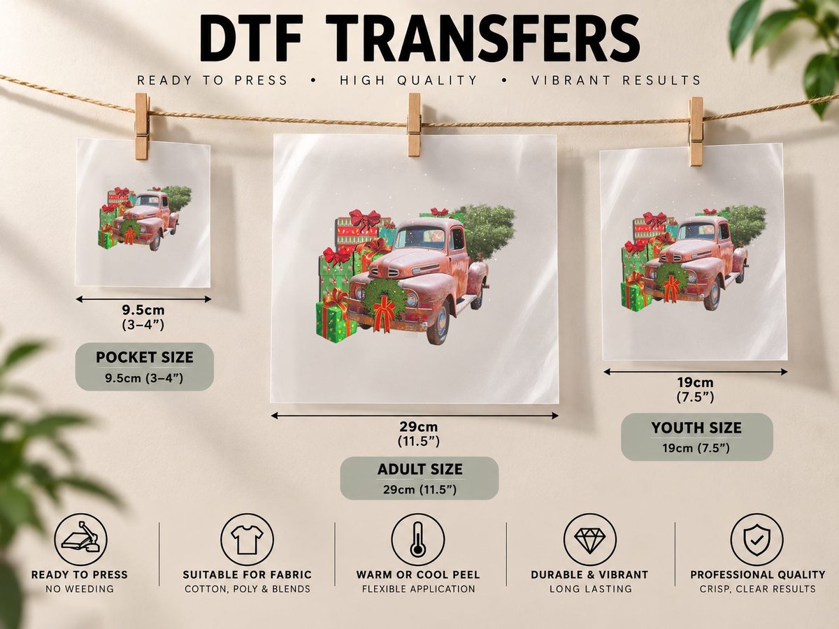 Truck, Xmas Trees and Presents Vintage Design Christmas DTF Transfer Iron On
