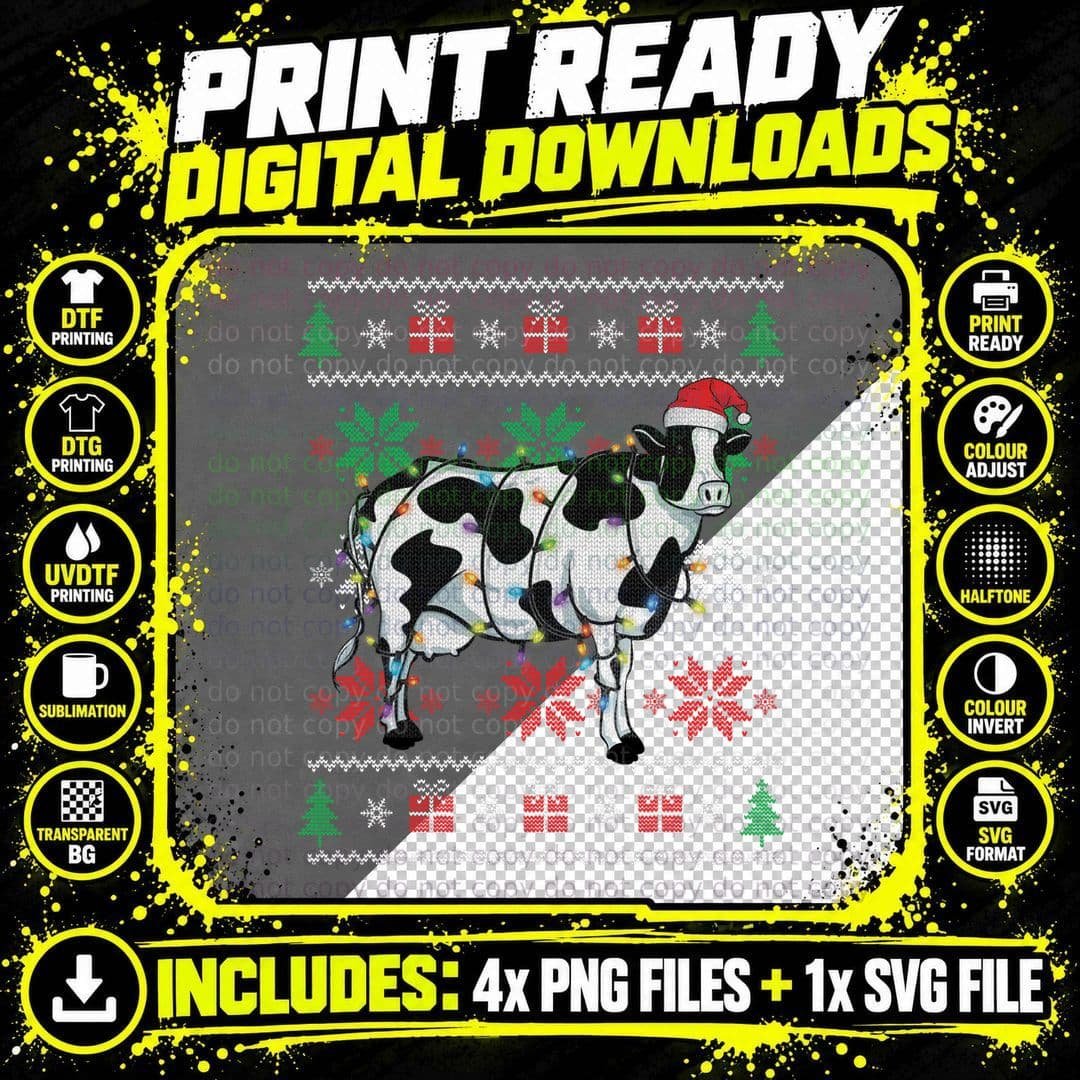 Ugly Christmas Cow Shirt Funny Cow Santa Pajama Farmer Png SVG Digital Bundle