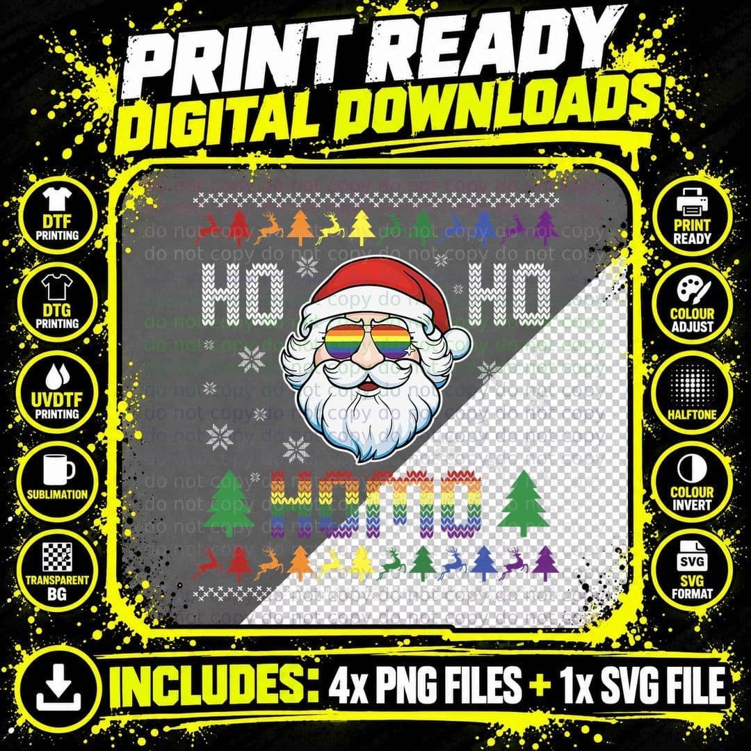 Ugly Christmas Funny Gay Pride LGBTQ Santa Claus Ho Ho Png SVG Digital Bundle