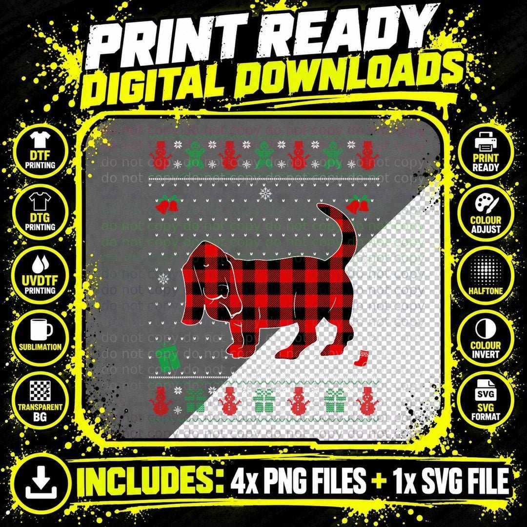 Ugly Christmas Red Plaid Basset Hound Dog Lover Matching Png SVG Digital Bundle