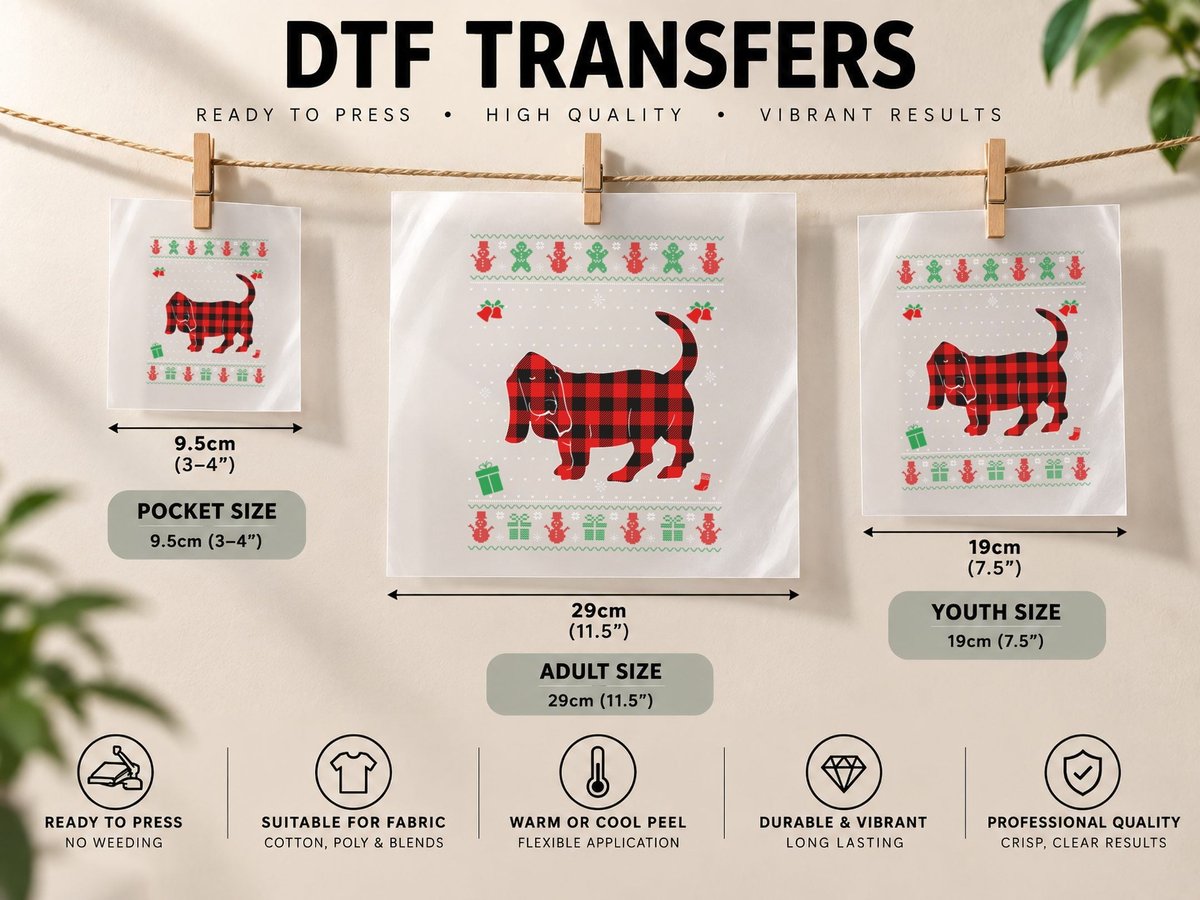Ugly Christmas Red Plaid Basset Hound Dog Lover Matching Pj DTF Transfer Iron On