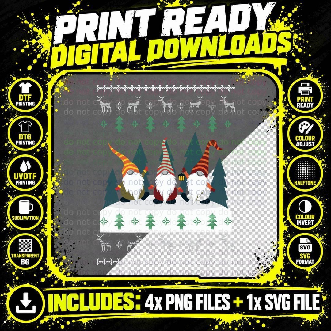 Ugly Christmas Sweater Gnome in the Forest Pullover Png SVG Digital Bundle