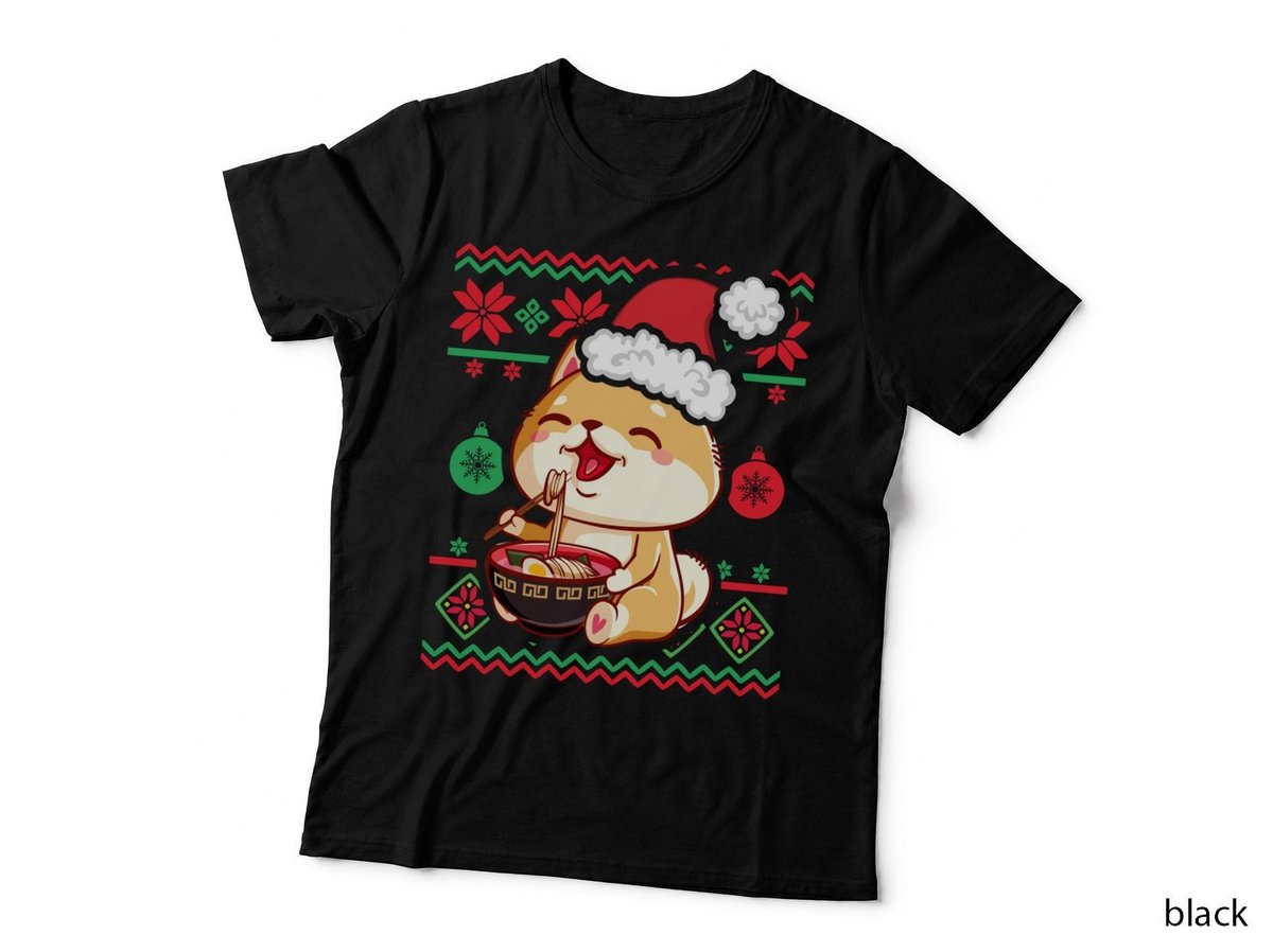 Ugly Christmas Sweater Kawaii Anime Shiba Inu Eating Ramen Sweatshirt T-Shirt