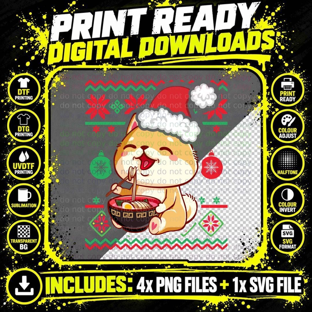 Ugly Christmas Sweater Kawaii Anime Shiba Inu Eating Png SVG Digital Bundle