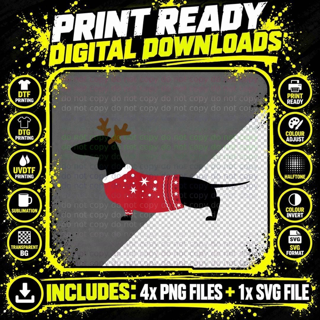 Ugly Christmas Sweater Wiener Dachshund Dog Pullover Png SVG Digital Bundle