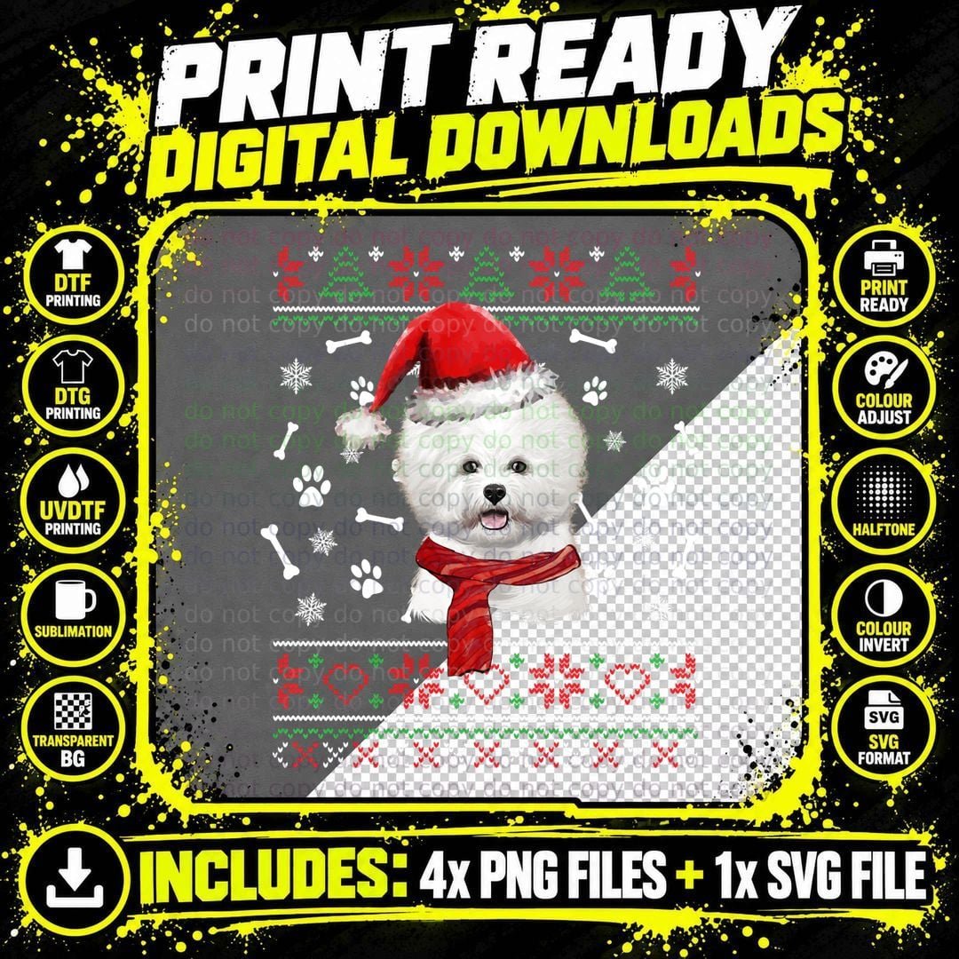 Ugly Sweater Christmas Bichon Frisé Dog Santa Hat Pajama Png SVG Digital Bundle