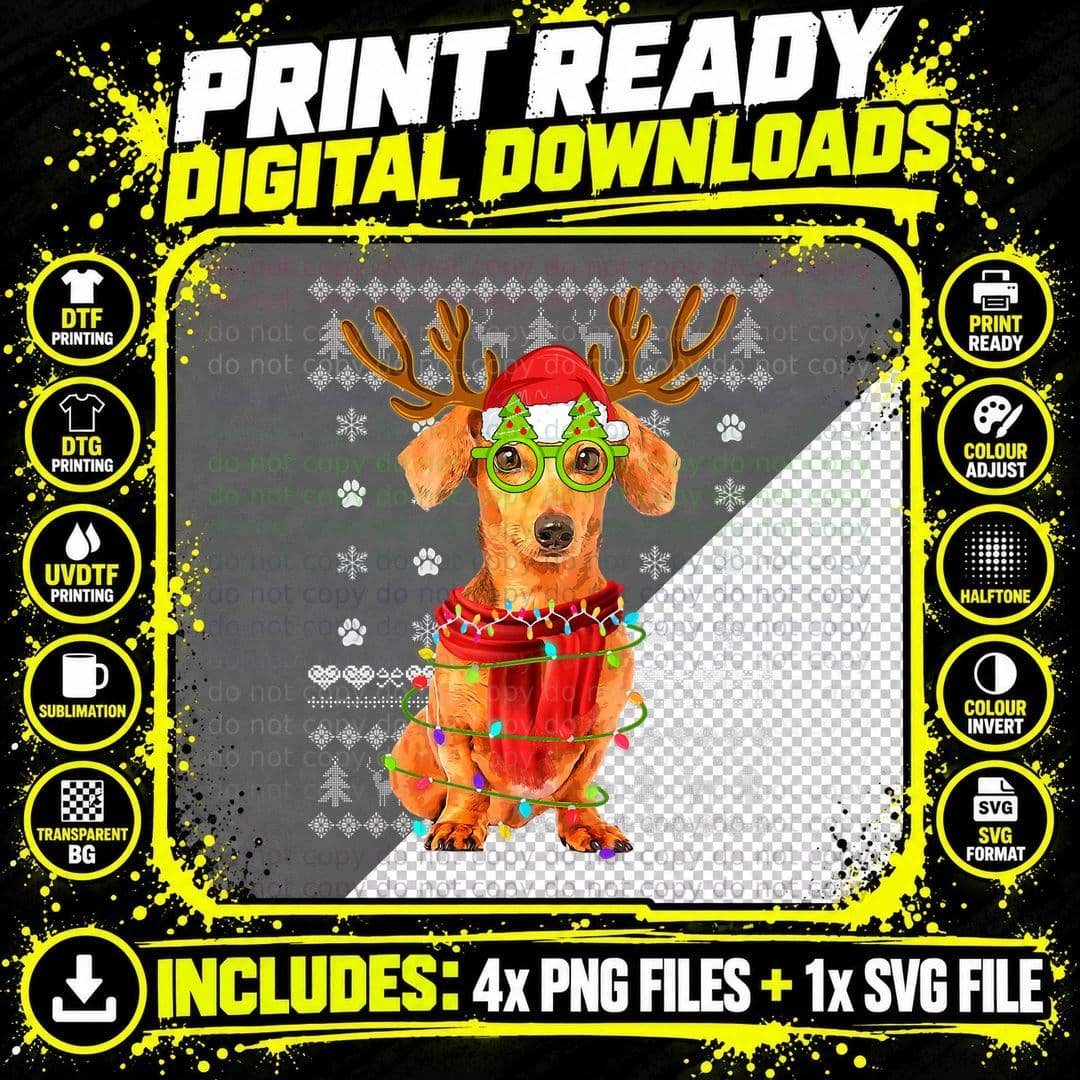 Ugly Sweater Christmas Lights Dachshund Dog Puppy Lover Png SVG Digital Bundle