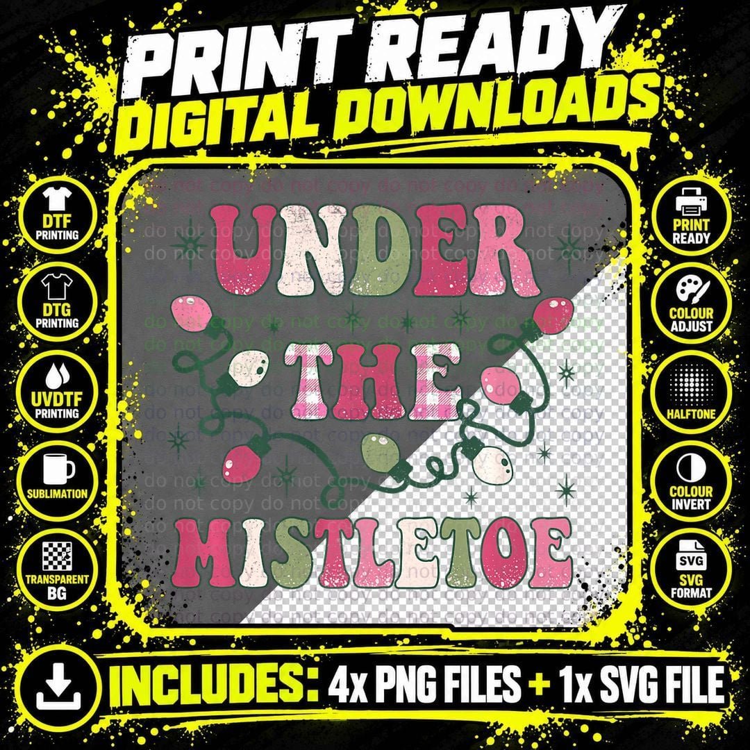 Under the Mistletoe Vintage Buffalo Plaid Pink Christmas Png SVG Digital Bundle