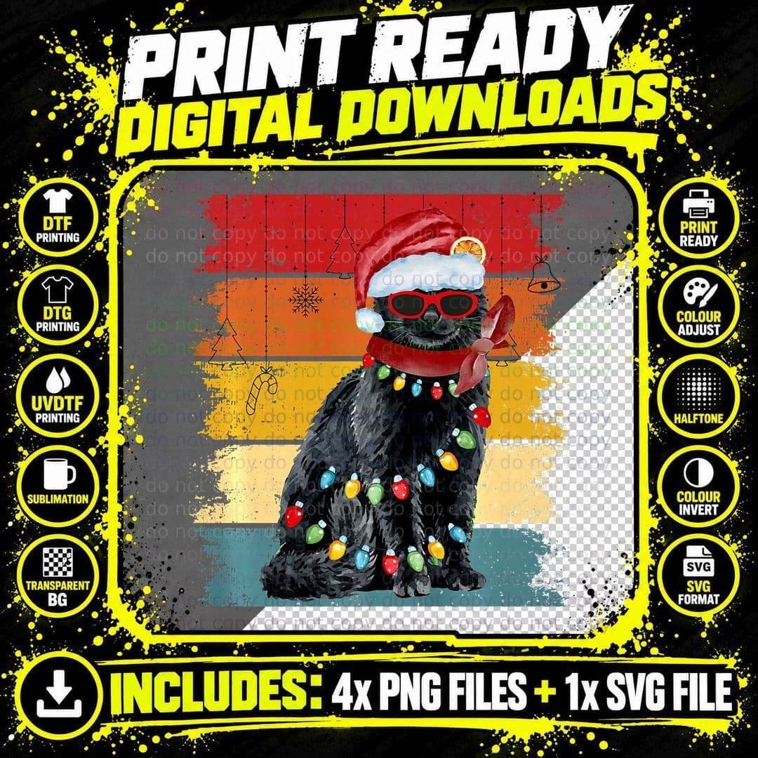 Vintage Black Cat Christmas Lights Cat Lover Christmas Png SVG Digital Bundle