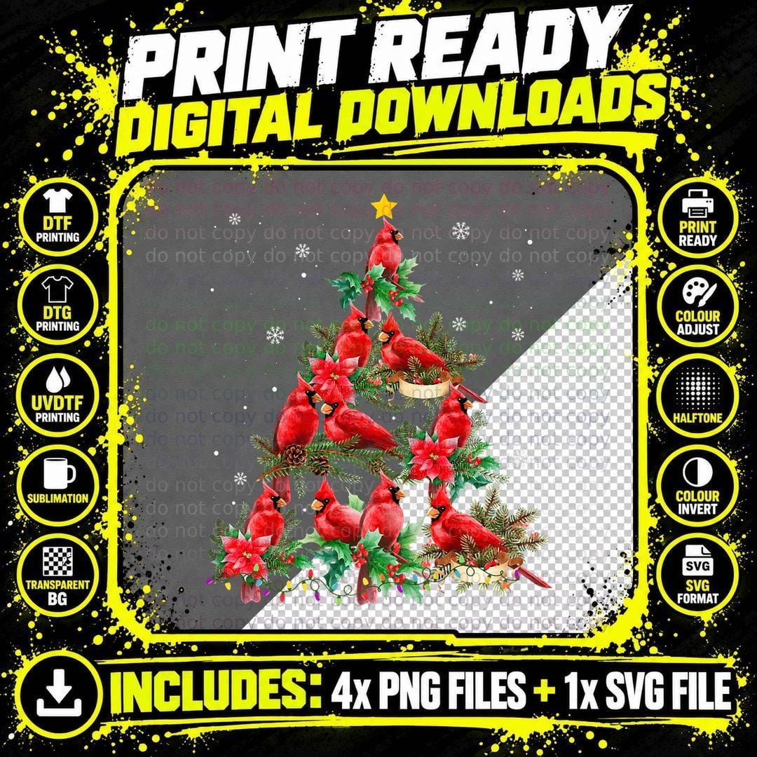 Vintage Christmas Cardinal Birds Snowings Xmas Tree Png SVG Digital Bundle