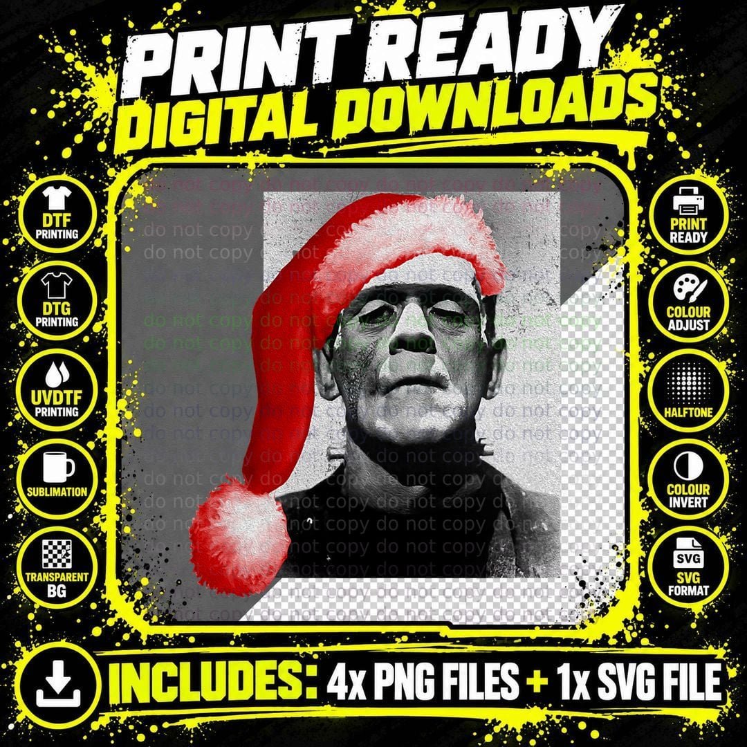 Vintage Christmas Horror Movie Santa Hat Frankenstein Png SVG Digital Bundle