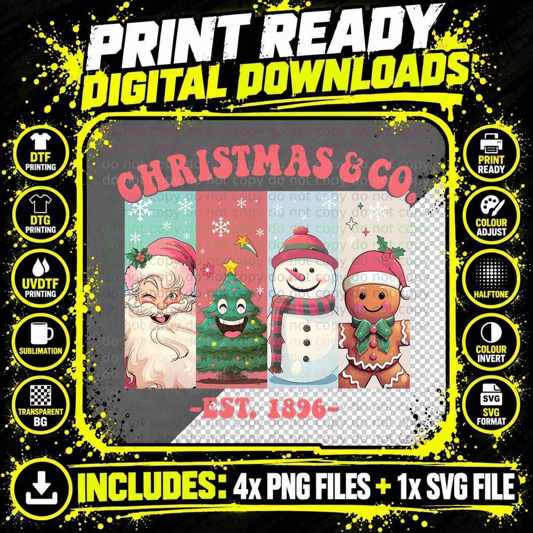 Vintage Christmas Pink Santa Claus Pine Tree Gingerbread Png SVG Digital Bundle