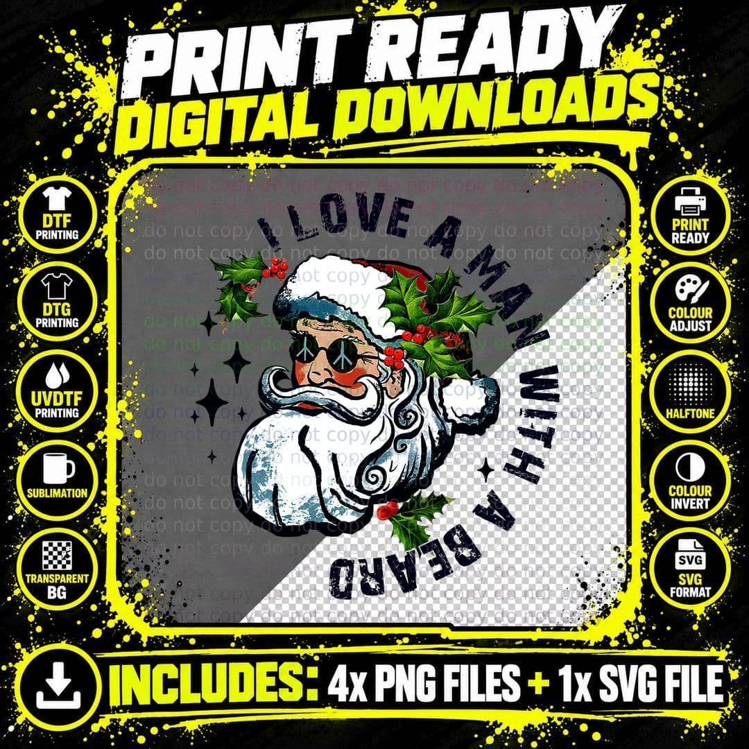 Vintage Christmas Santa Beard I Love a Man with a Beard Png SVG Digital Bundle