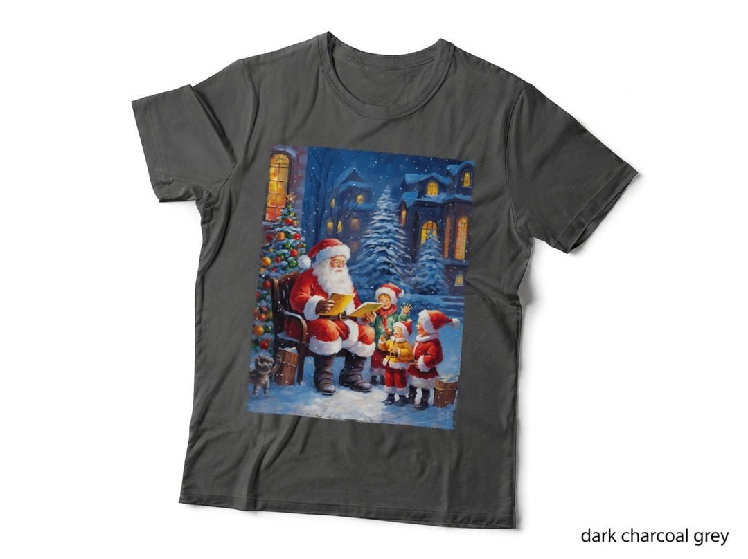Vintage Christmas Santa Claus Reading Books on Snowy Bench T-Shirt