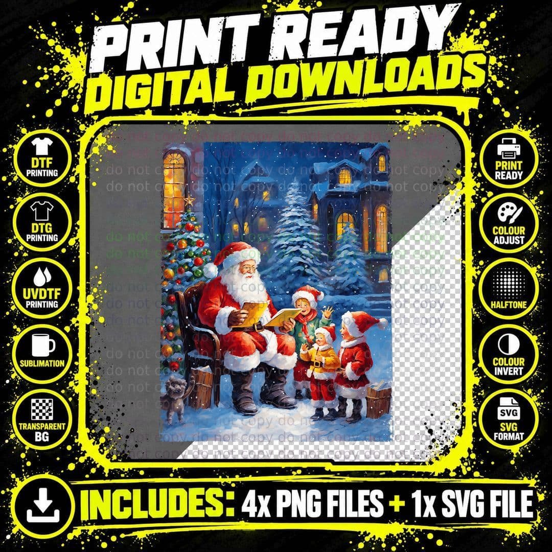 Vintage Christmas Santa Claus Reading Books on Snowy Png SVG Digital Bundle