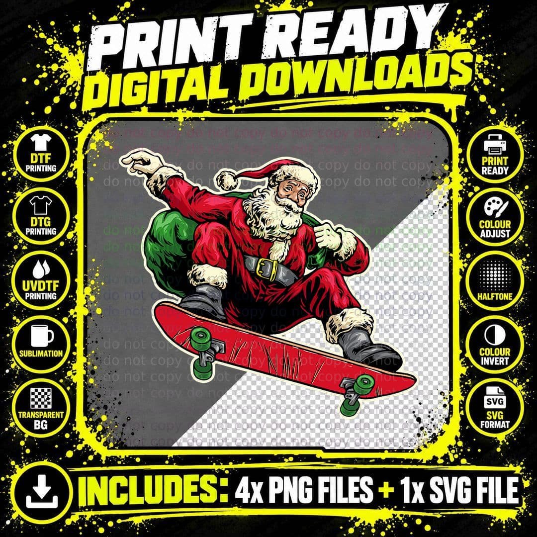 Vintage Christmas Santa Claus Skateboard Old Fashioned Png SVG Digital Bundle