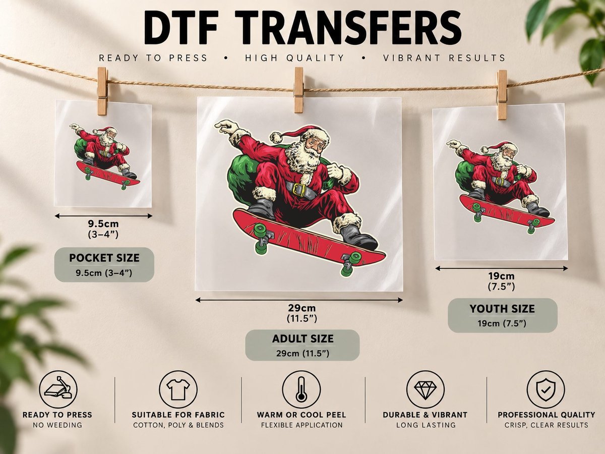 Vintage Christmas Santa Claus Skateboard Old Fashioned DTF Transfer Iron On