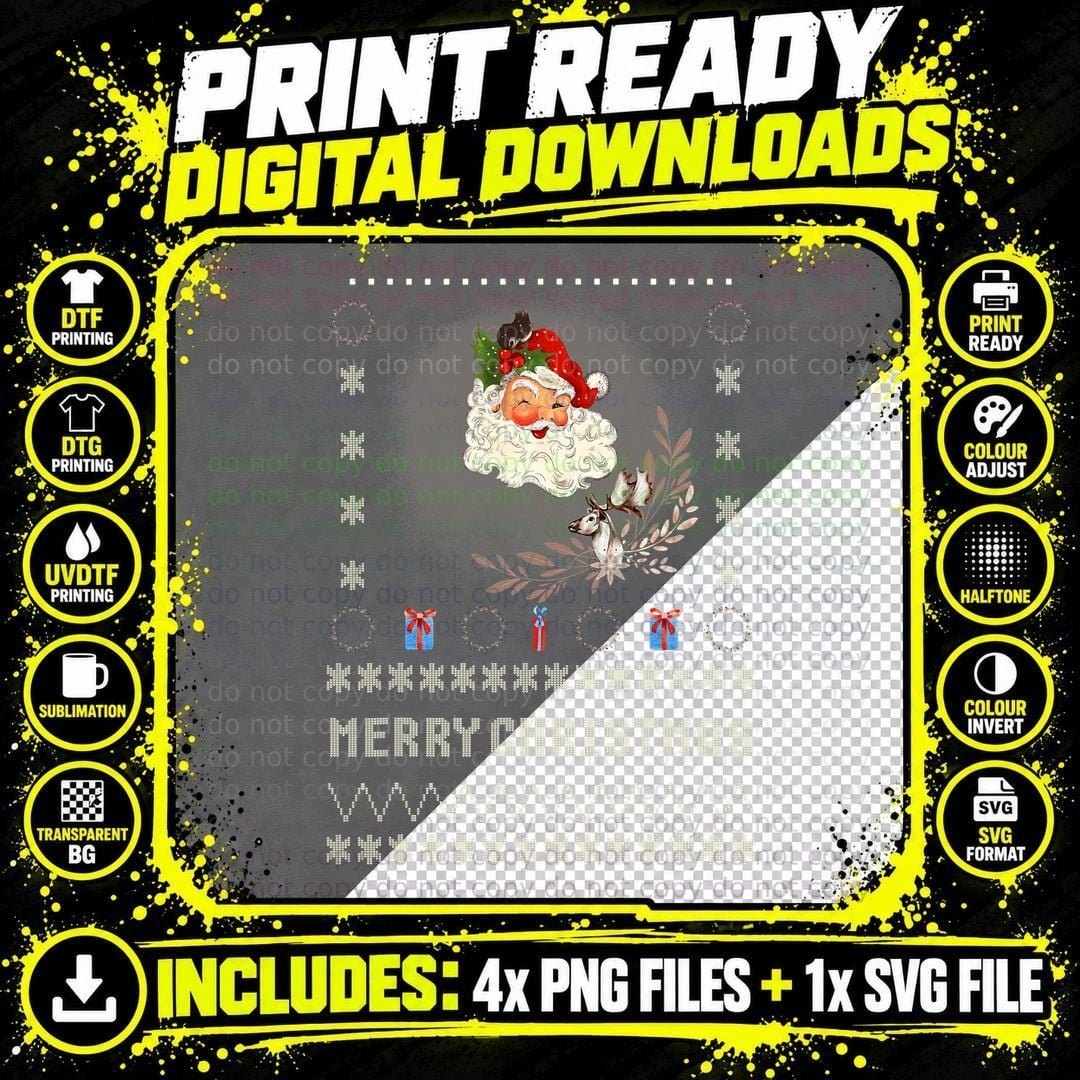 Vintage Christmas Santa Claus Sweater Merry Christmas Png SVG Digital Bundle