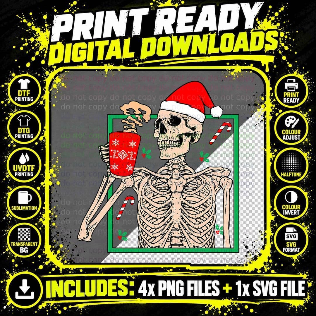 Vintage Christmas Skeleton Santa Drinking Christmas Png SVG Digital Bundle