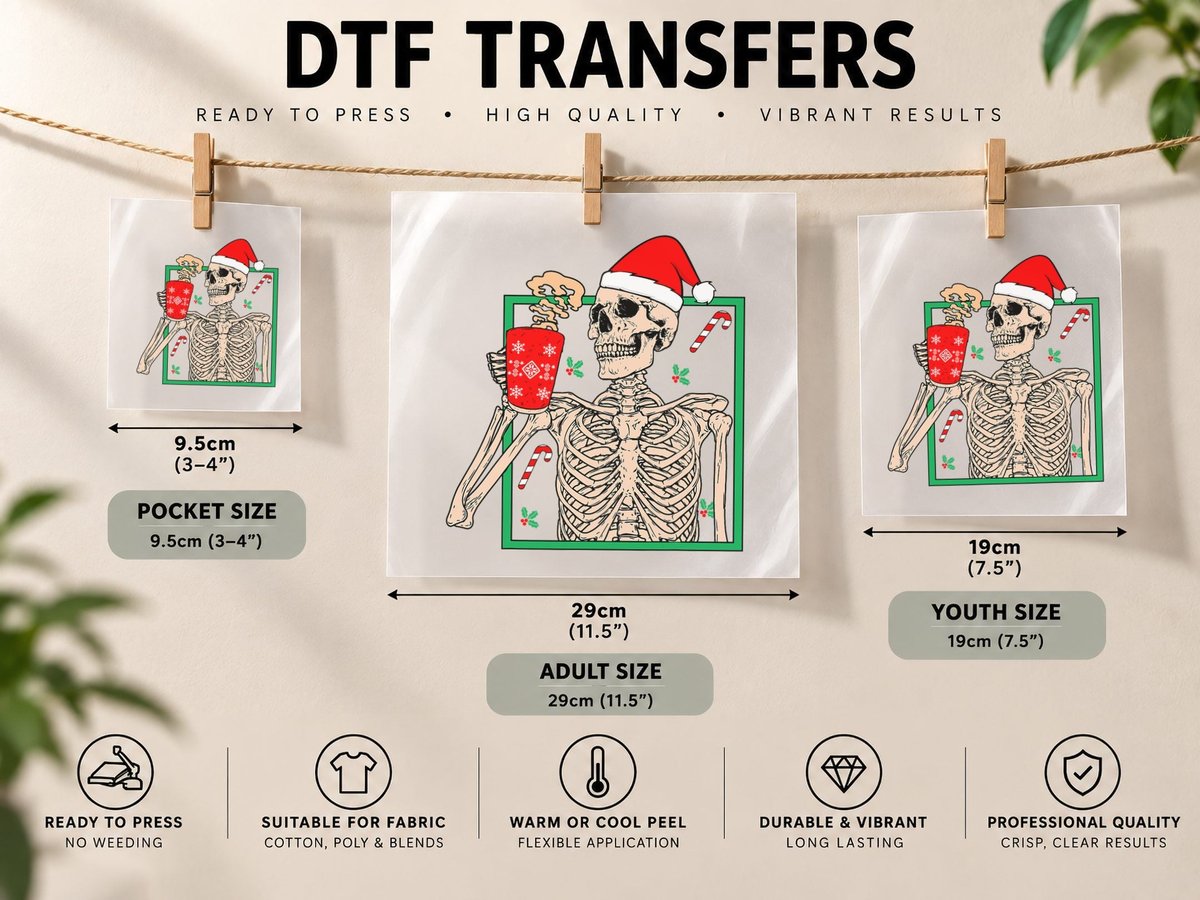 Vintage Christmas Skeleton Santa Drinking Christmas Coffee DTF Transfer Iron On