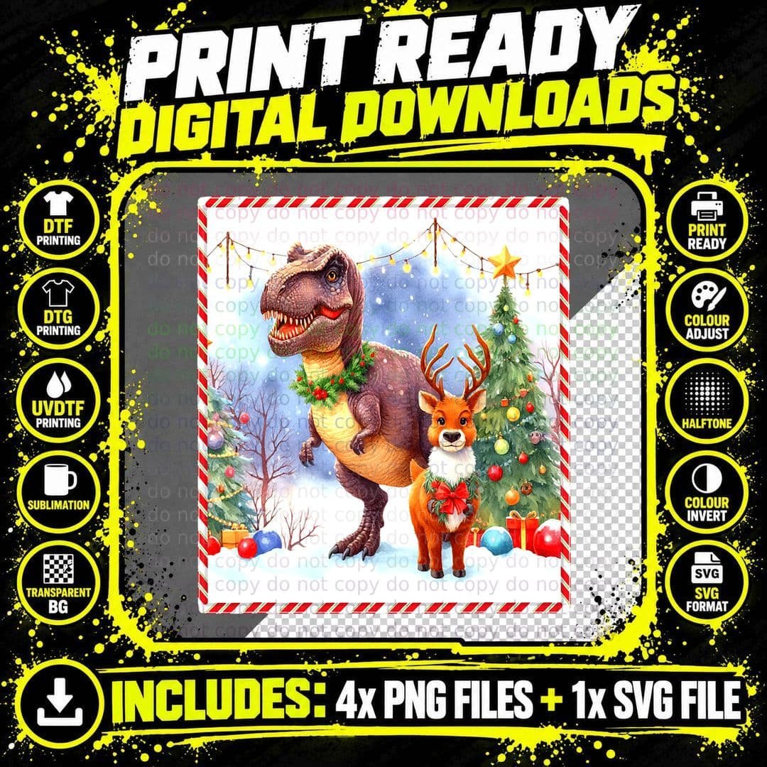 Vintage Christmas Tyrannosaurus Rex Santa Ugly Christmas Png SVG Digital Bundle
