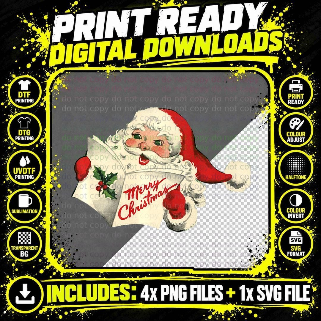 Vintage Merry Christmas Santa Claus with Book Holiday Png SVG Digital Bundle