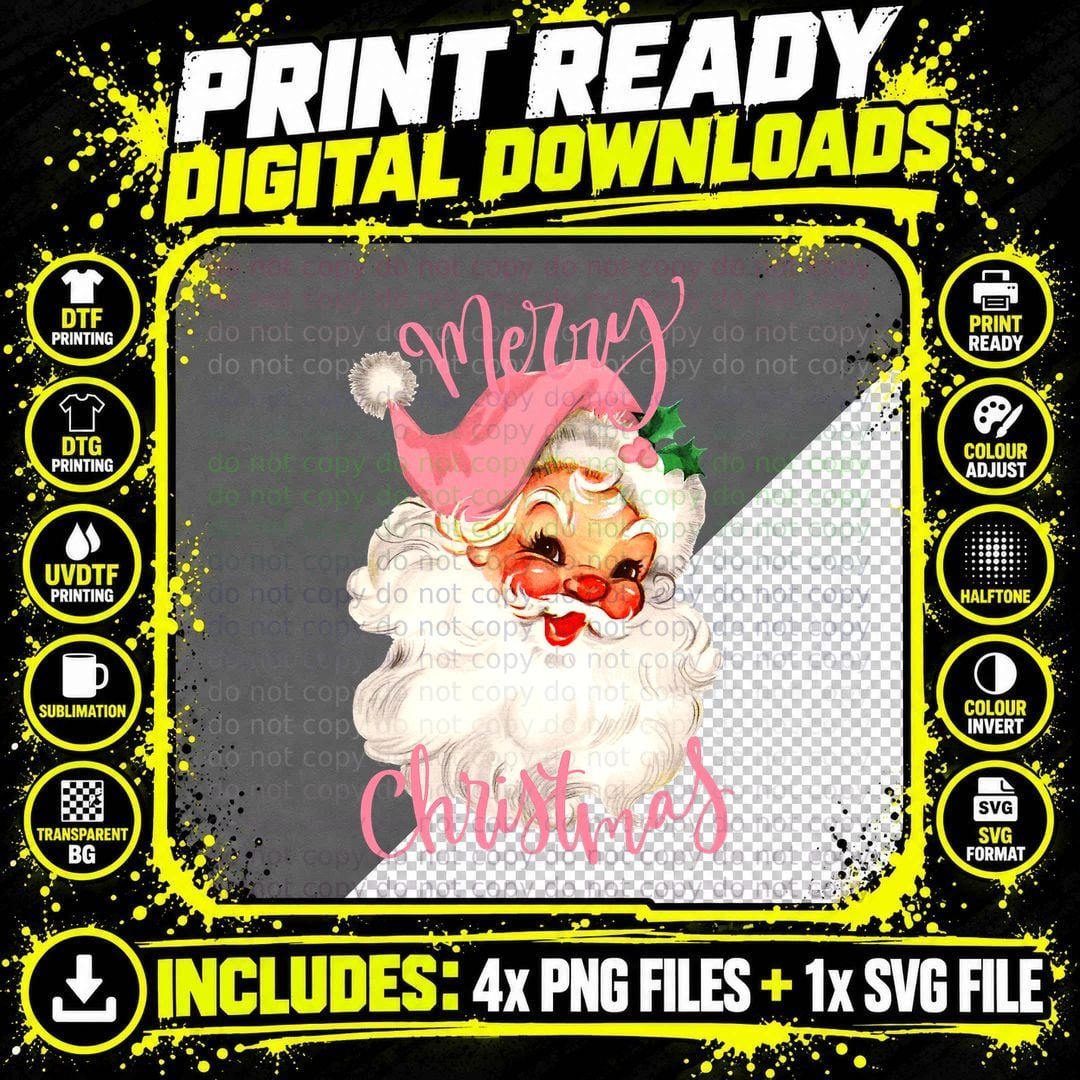 Vintage Pink Christmas Pink Santa Claus Merry Christmas Png SVG Digital Bundle