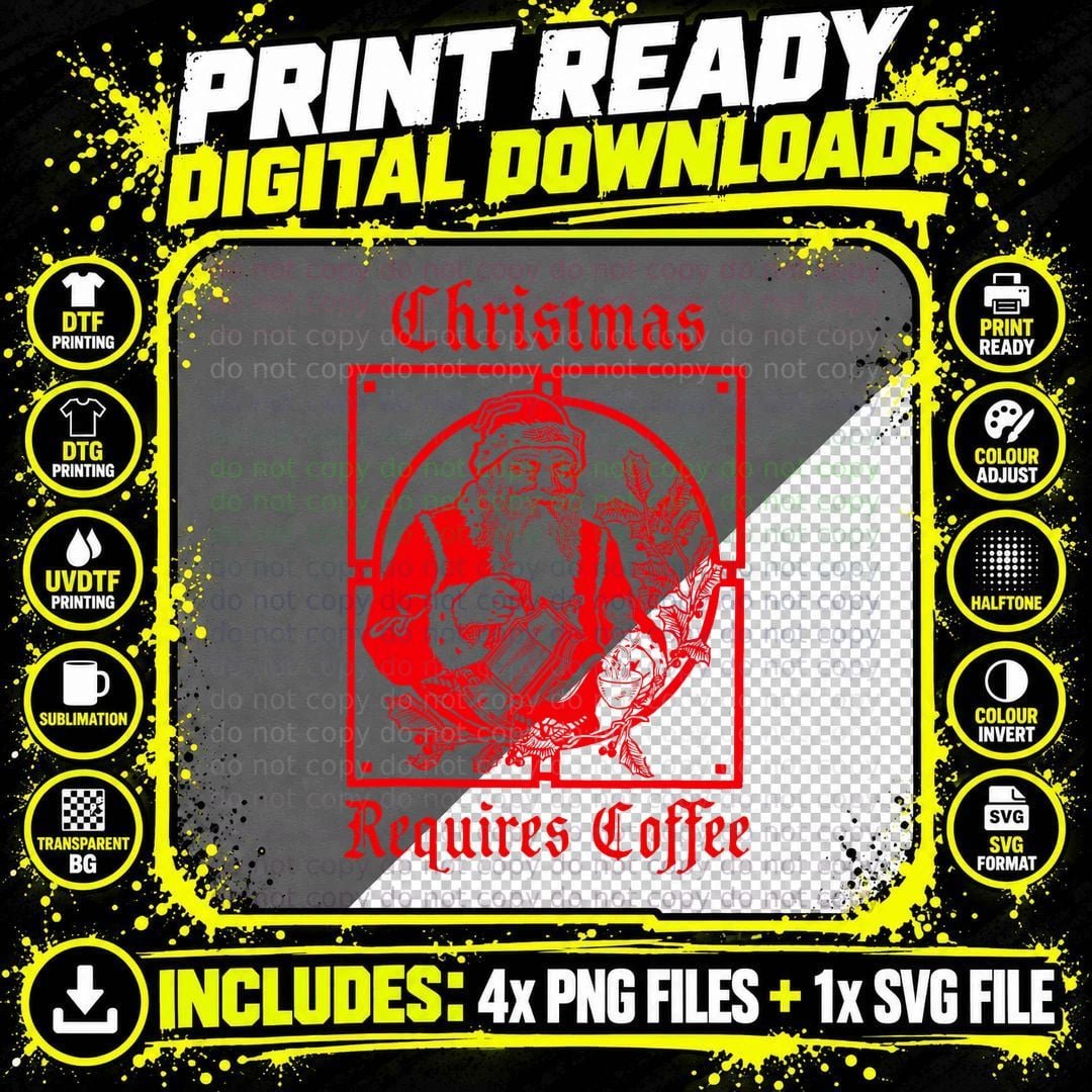 Vintage Santa Claus Christmas Requires Coffee T-Shirt Png SVG Digital Bundle