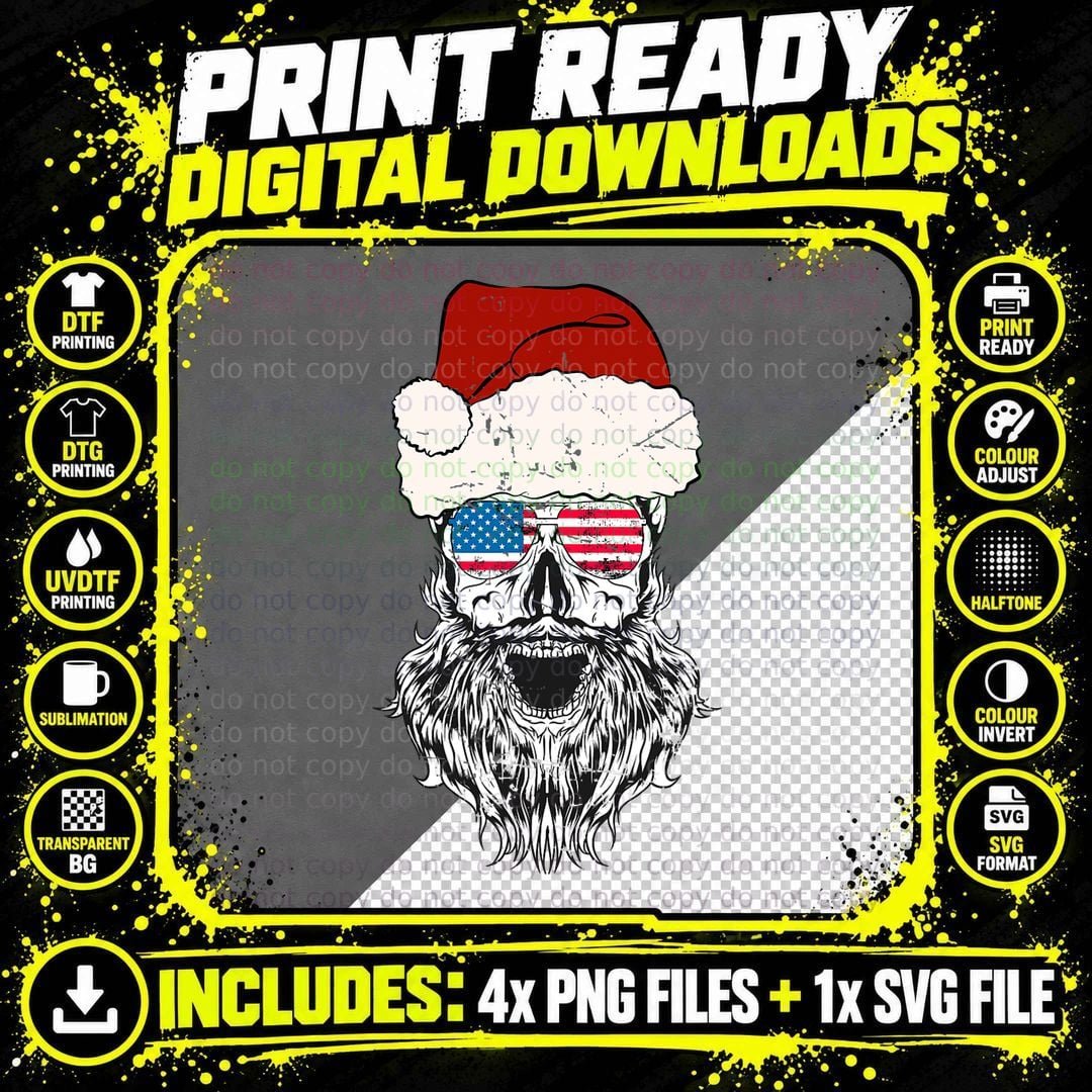 Vintage Santa Skull Christmas Art - US Flag Sunglasses Png SVG Digital Bundle