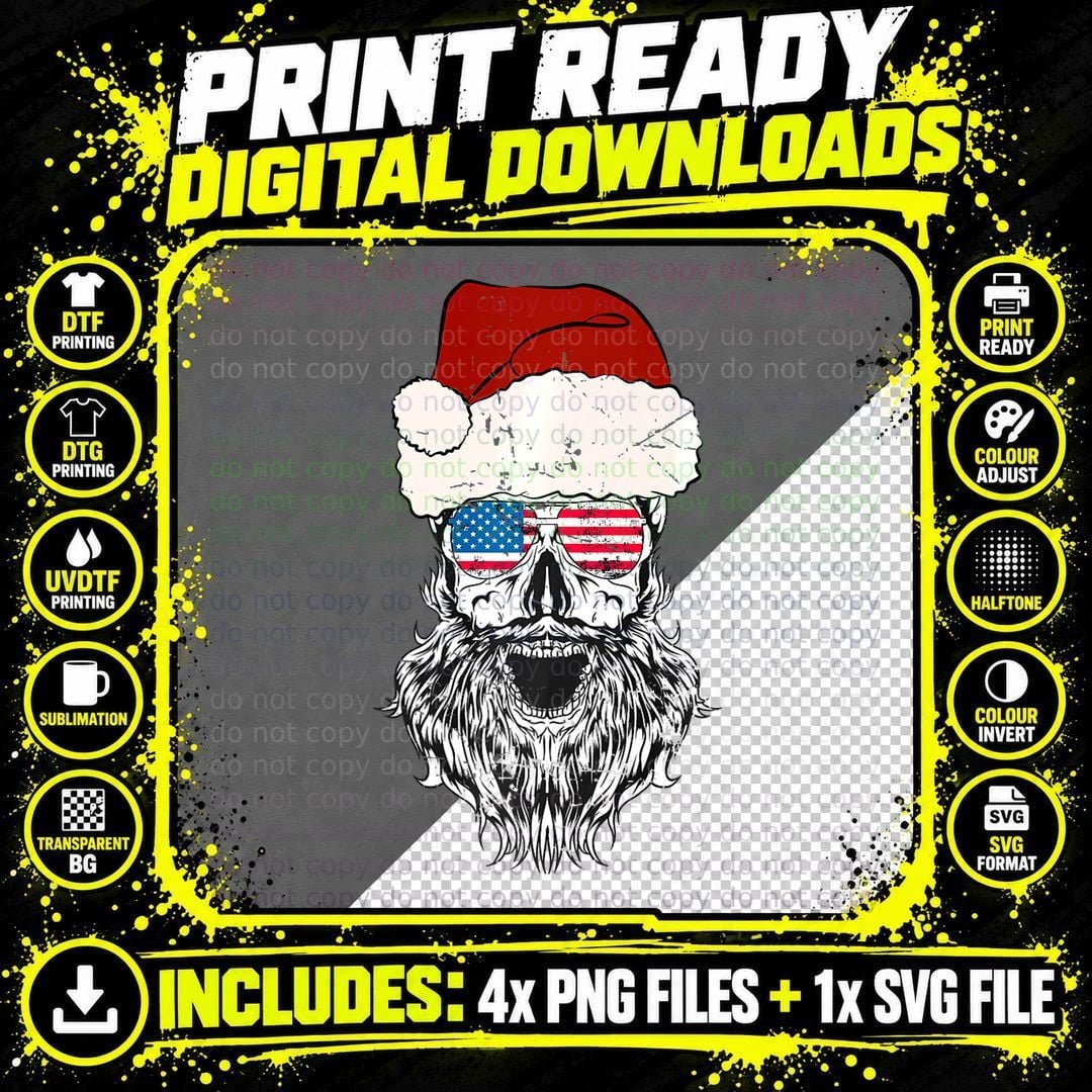 Vintage Santa Skull Christmas Art - US Flag Sunglasses Png SVG Digital Bundle