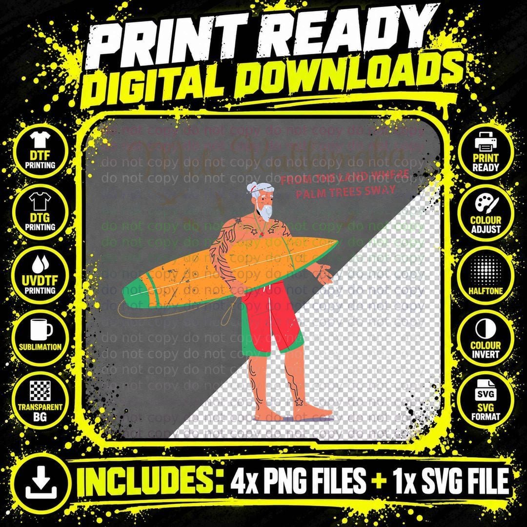Vintage Stylish Mele Kalikimaka Christmas Santa Surfing Png SVG Digital Bundle