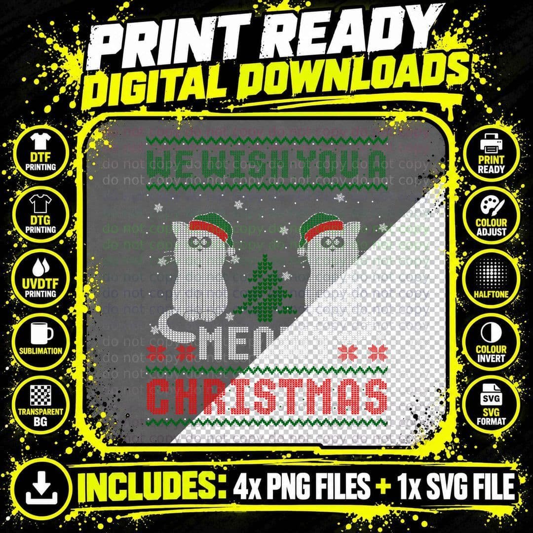 We Wish You a Meowy Cat Christmas Ugly Sweater T-Shirt Png SVG Digital Bundle