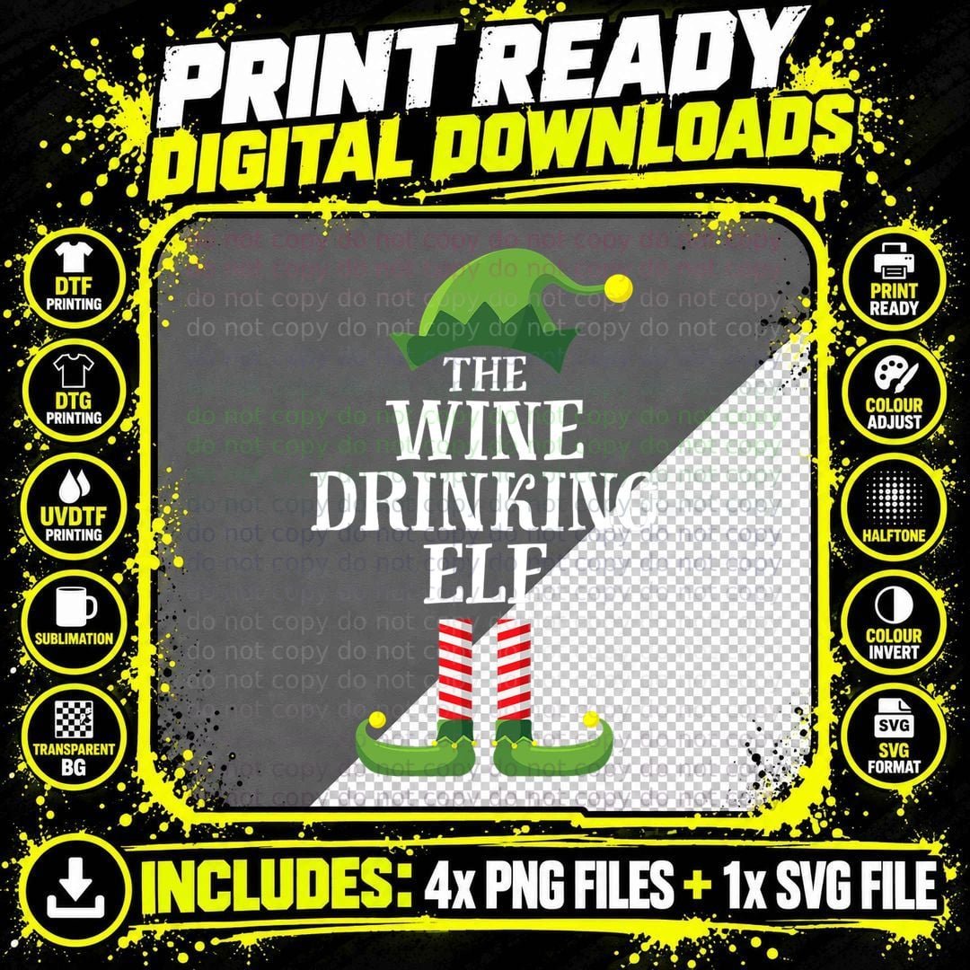 Wine Drinking Elf Matching Family Group Christmas T-Shirt Png SVG Digital Bundle