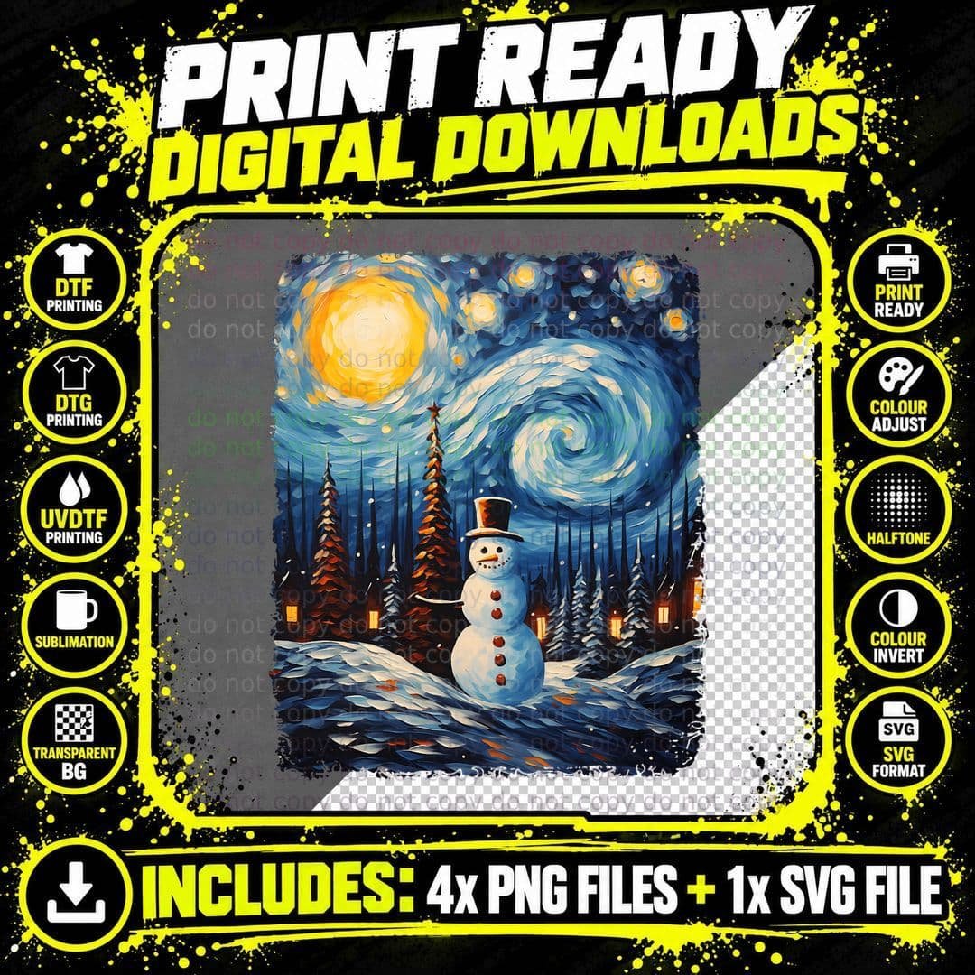 Winter Snowman Christmas Painting Van Gogh Night Art Png SVG Digital Bundle