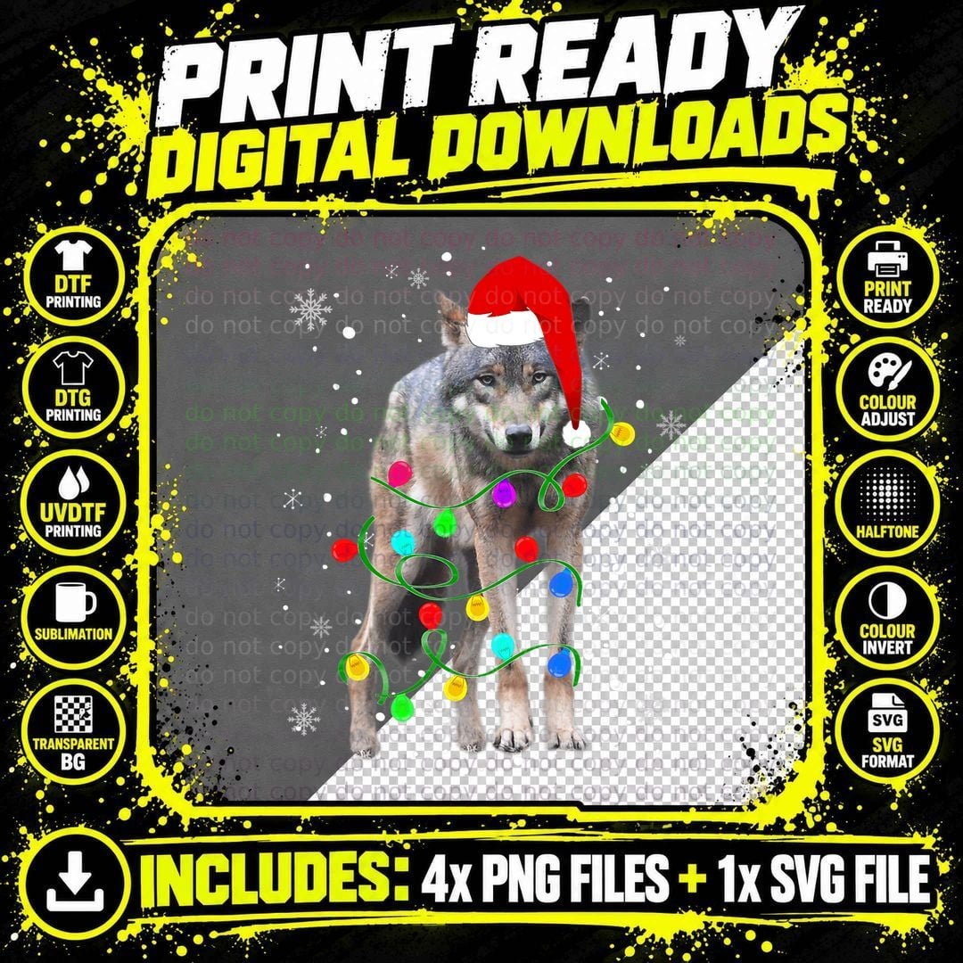 Wolf with Christmas Lights Christmas Animals Wolf Lover Png SVG Digital Bundle