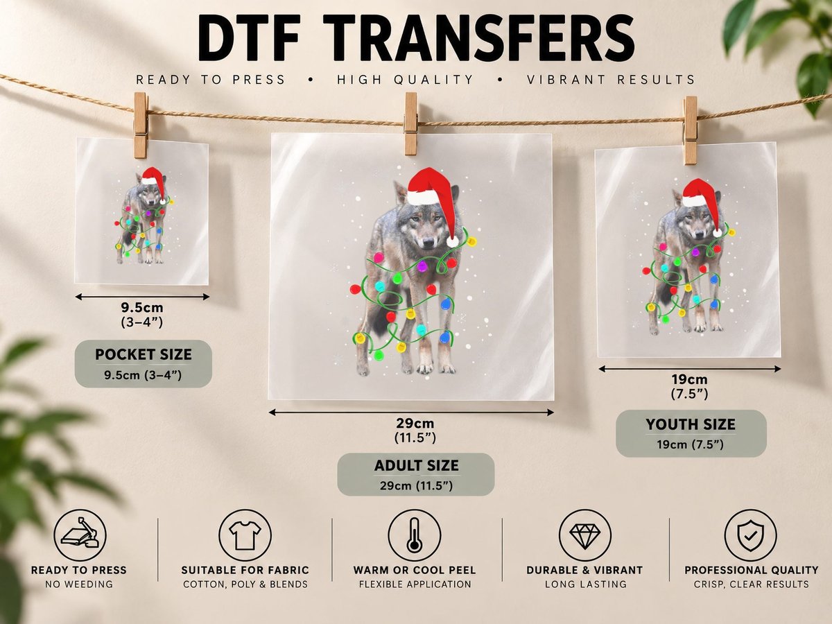 Wolf with Christmas Lights Christmas Animals Wolf Lover DTF Transfer Iron On