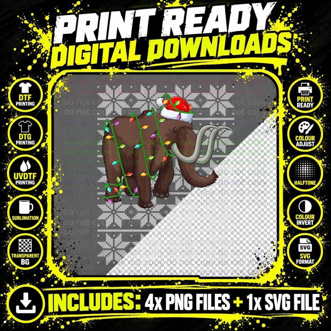 Woolly Mammoth Xmas Lighting Ugly Sweater Style Png SVG Digital Bundle