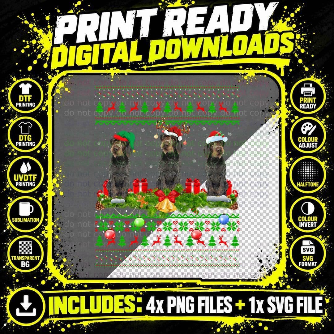 Xmas Lighting Santa Ugly German Wirehaired Pointer Png SVG Digital Bundle