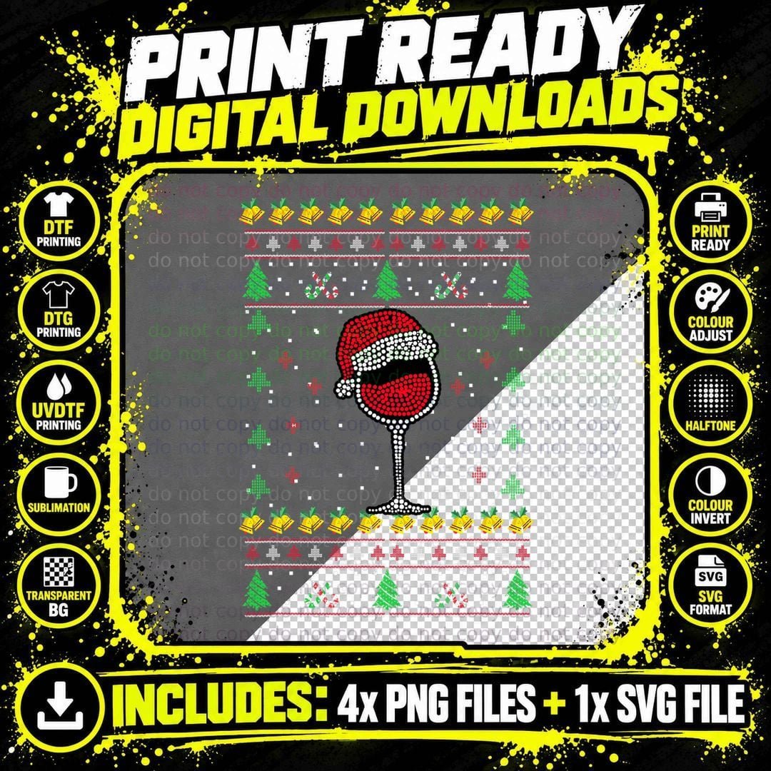 Xmas Red Wine Glass Costume Ugly Christmas Sweater Png SVG Digital Bundle