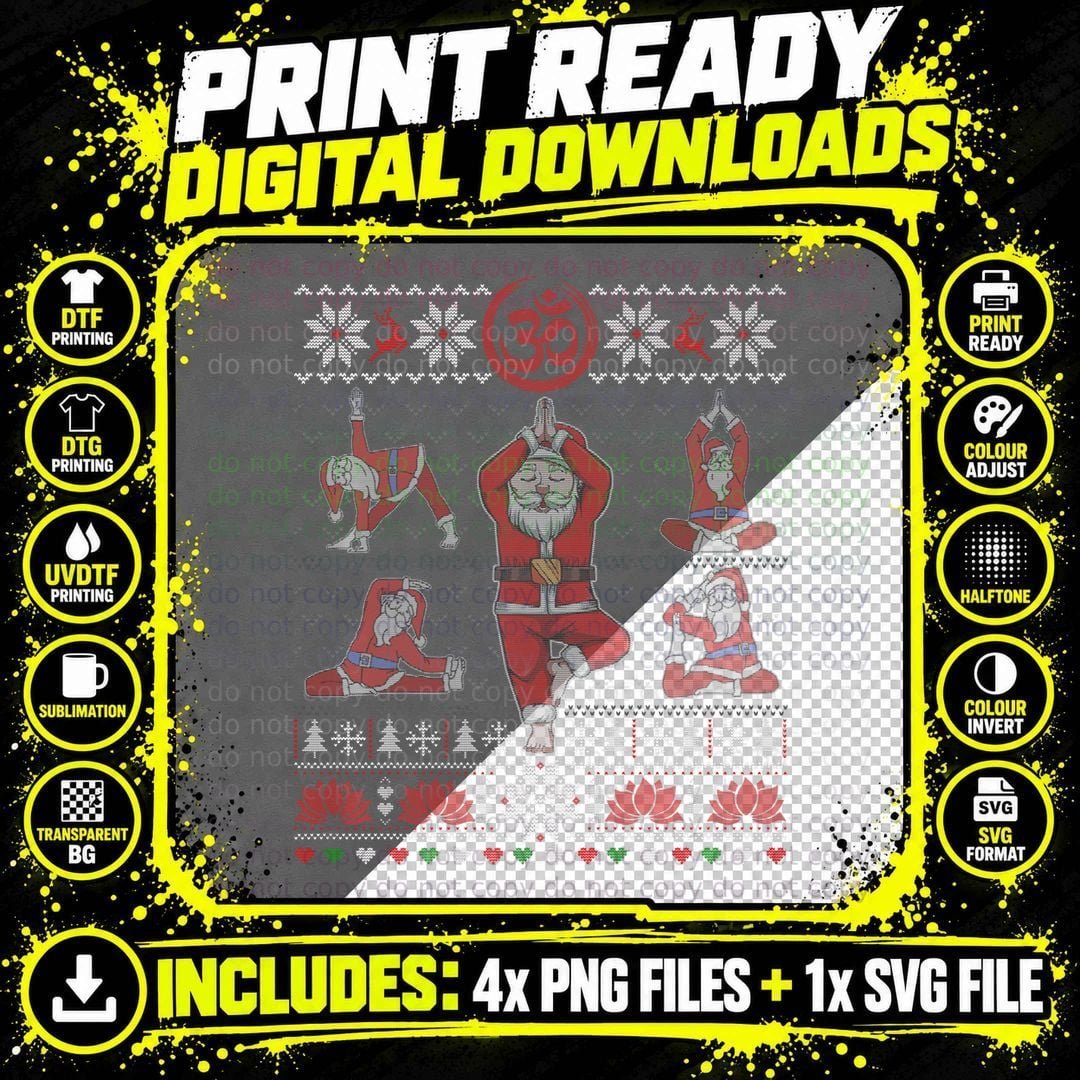 Xmas Santa Claus Meditation Yoga Pose Namaste Ugly Png SVG Digital Bundle