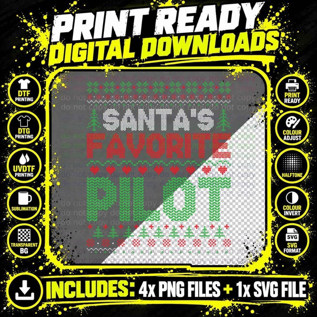 Xmas Santa's Favorite Pilot Funny Ugly Christmas Sweater Png SVG Digital Bundle