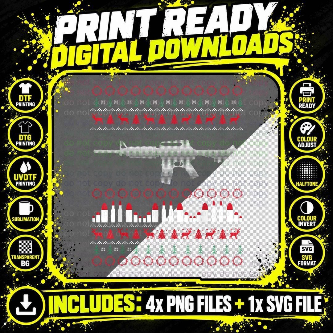 AR-15 Machine Gun Ugly Christmas Sweater Tee Png SVG Digital Bundle