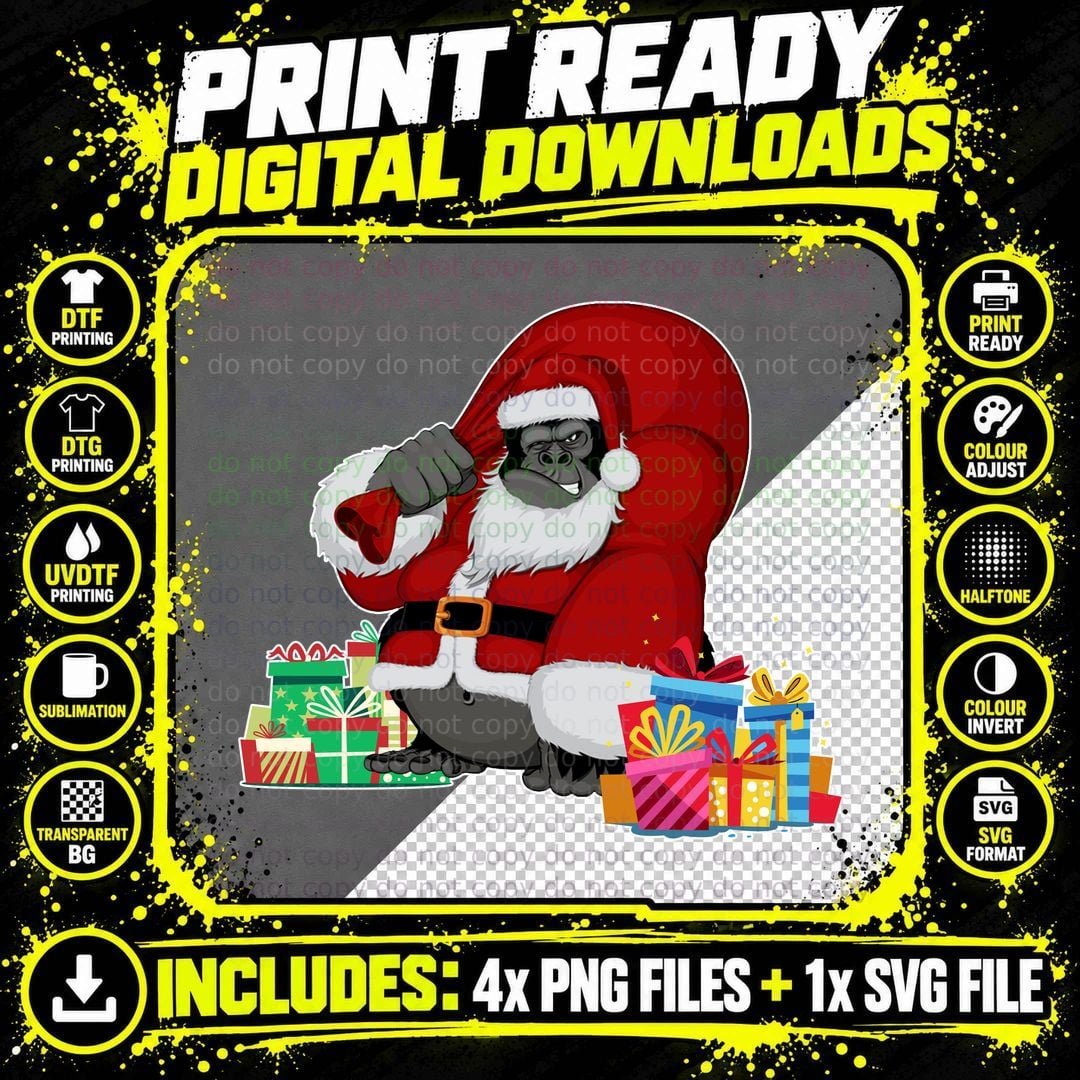 Angry Gorilla Santa T-Shirt, Christmas Humor, Holiday Fun Png SVG Digital Bundle