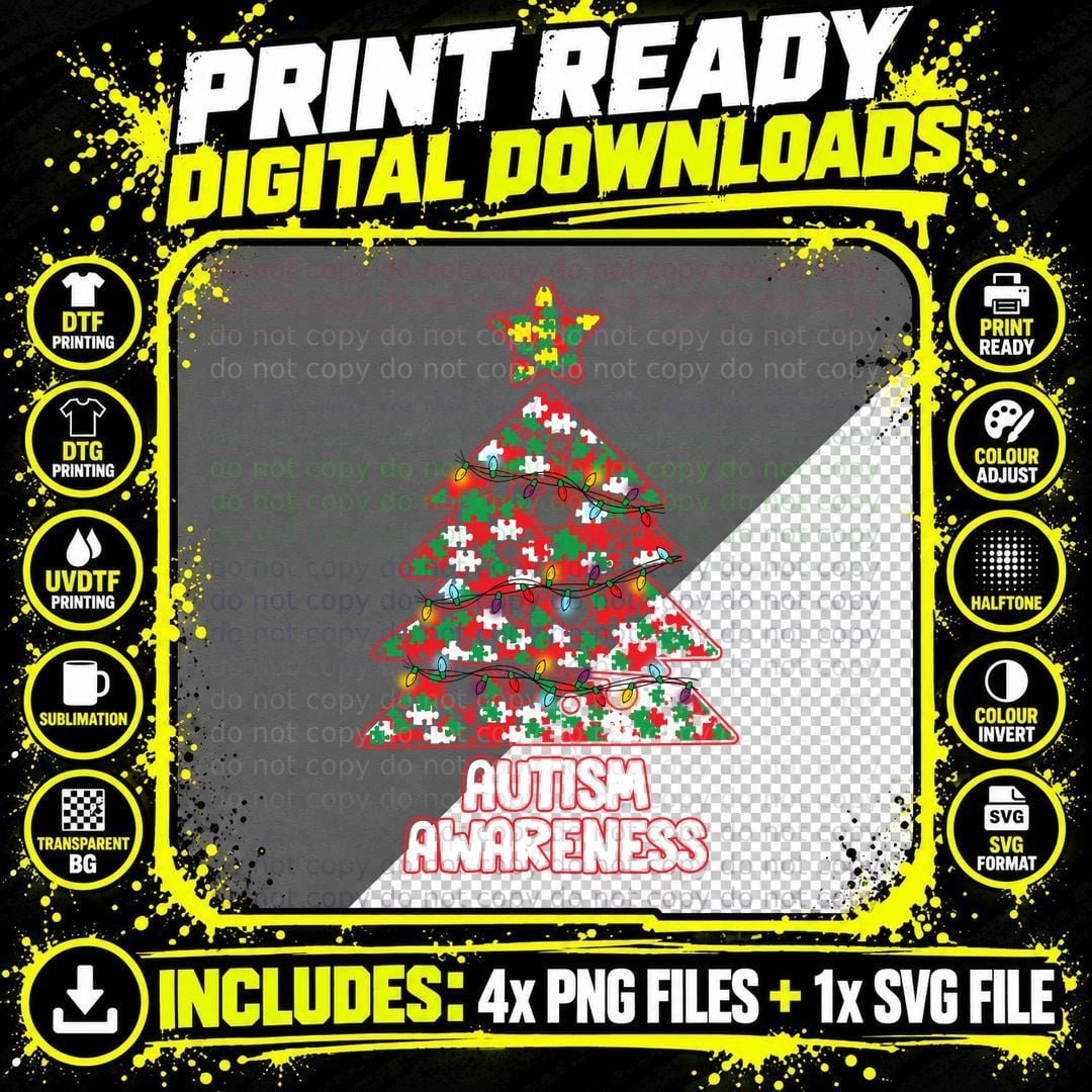 Autism Awareness Christmas Tree T-Shirt Png SVG Digital Bundle
