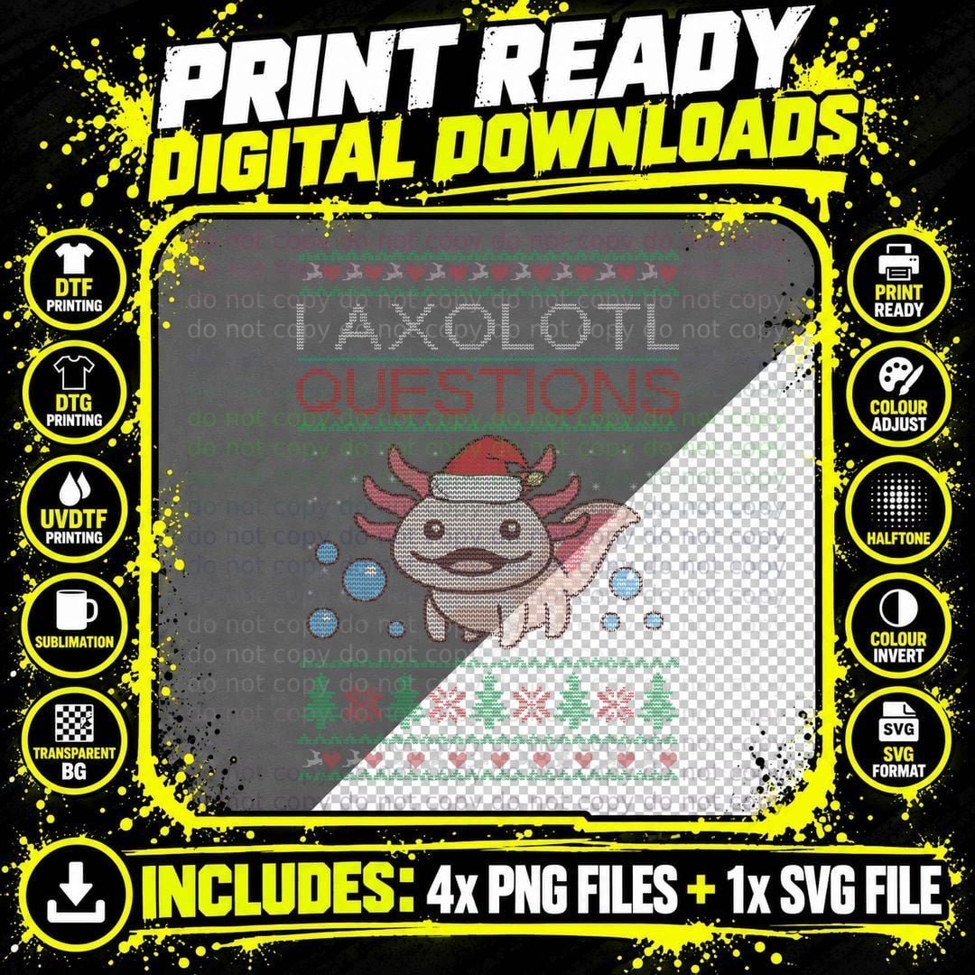Axolotl Christmas T-Shirt, Ugly Sweater Style Png SVG Digital Bundle