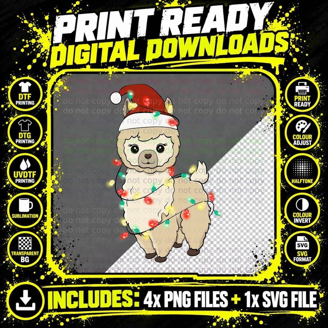 Baby Llama Santa Wrapped Christmas Lights Alpaca T-Shirt Png SVG Digital Bundle