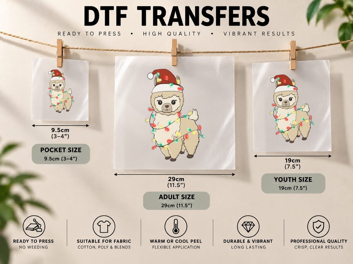 Baby Llama Santa Wrapped Christmas Lights Alpaca DTF Transfer Iron On