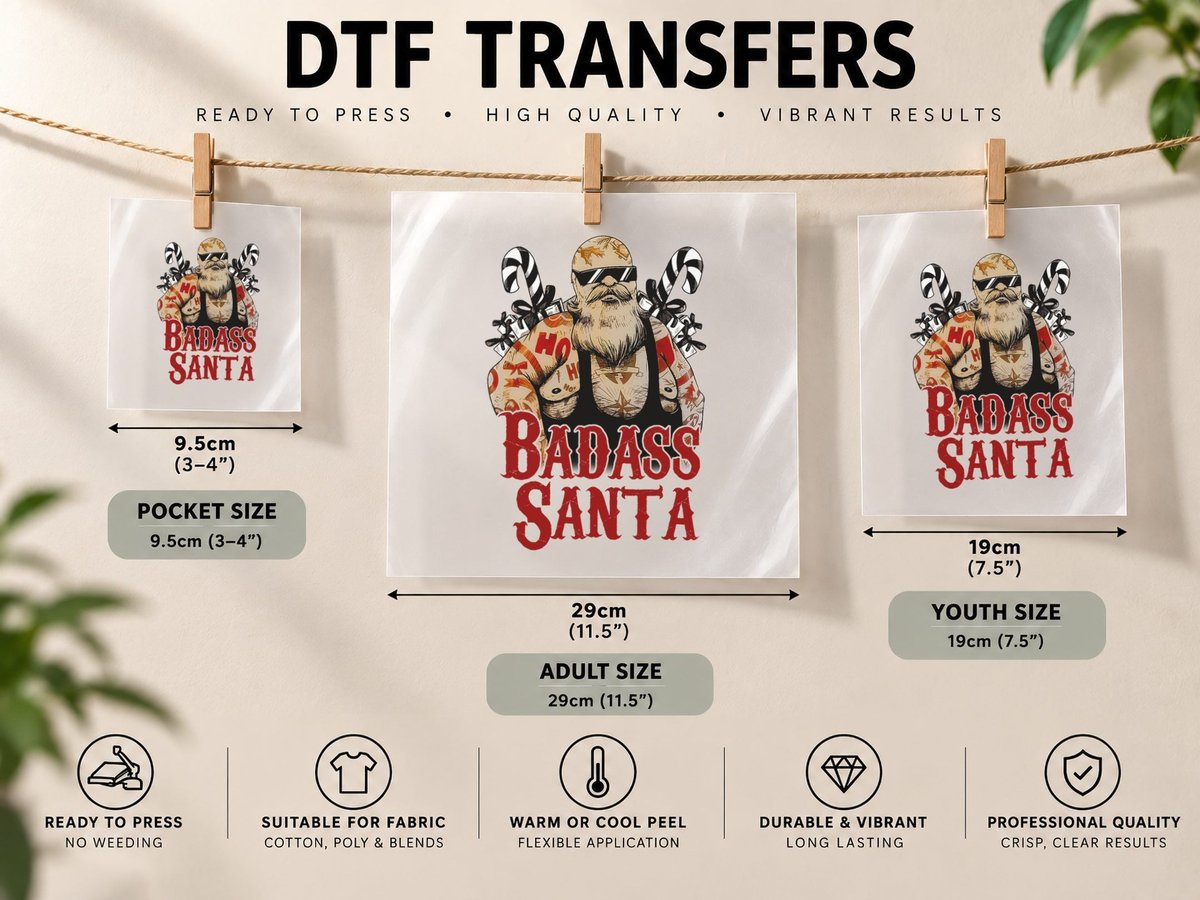 Badass Santa Funny Christmas, Holiday Humor, Adult Humor DTF Transfer Iron On
